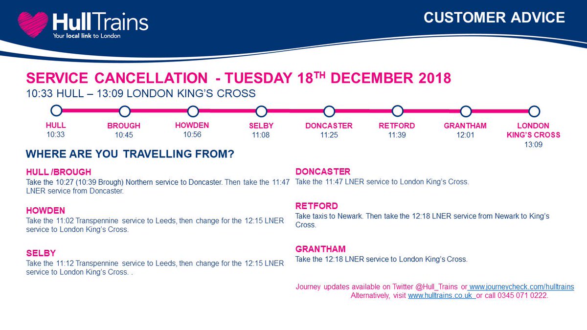 Hull_Trains's tweet image. #HTupdate (18/12/18): The 10:33 service from Hull has been cancelled. Please use this guide for alternate travel arrangements. We are sorry for the inconvenience caused by the cancellation to this service.