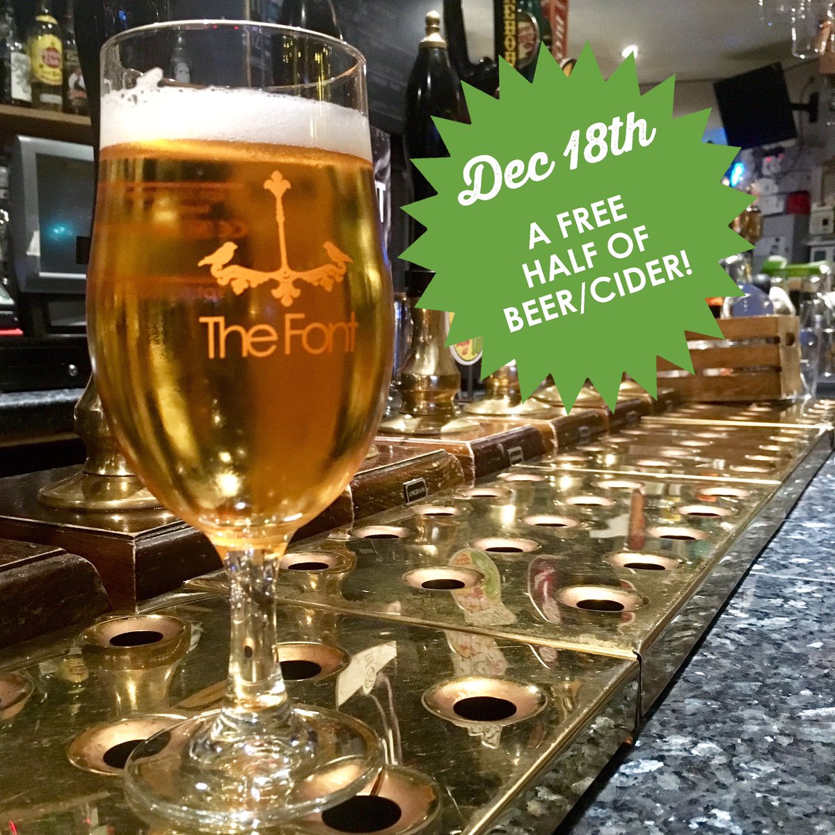 TheFontChorlton's tweet photo. TUESDAY 18TH DEC! 1 week to go 😱 take a break & head over ours for your advent treat >>>
A FREE HALF OF ANY BEER OR CIDER!!
Just follow us, like this pic & show us this post at the bar to claim!
🍻🍻🍻
#fontadvent #ohgoshhowmanydaysleft https://t.co/CPCeOrbhEF