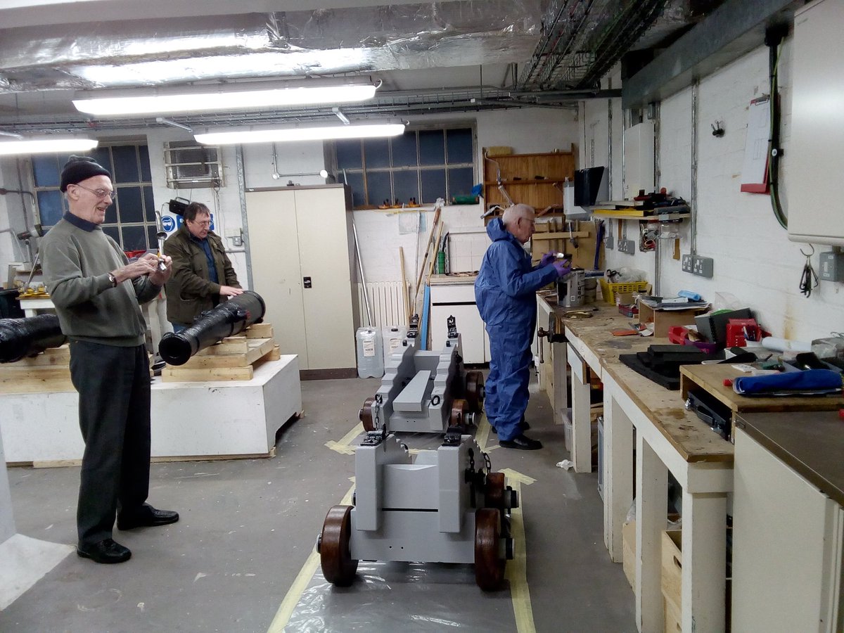 HullMaritime's tweet photo. Finishing touches being made to the cannons by volunteers today. #HullYMC @heritagelottery @HLFYandH https://t.co/AAep1Q8R0Y