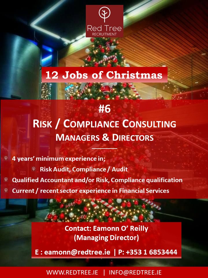 redtreesocial's tweet photo. Day Six of our 12 Jobs of Christmas- Risk / Compliance Consultants, both Manager and Director level. Apply here today: https://t.co/pn9H58F37g
#Risk #Compliance #12JobsofChristmas https://t.co/ow2f0ZXPcY