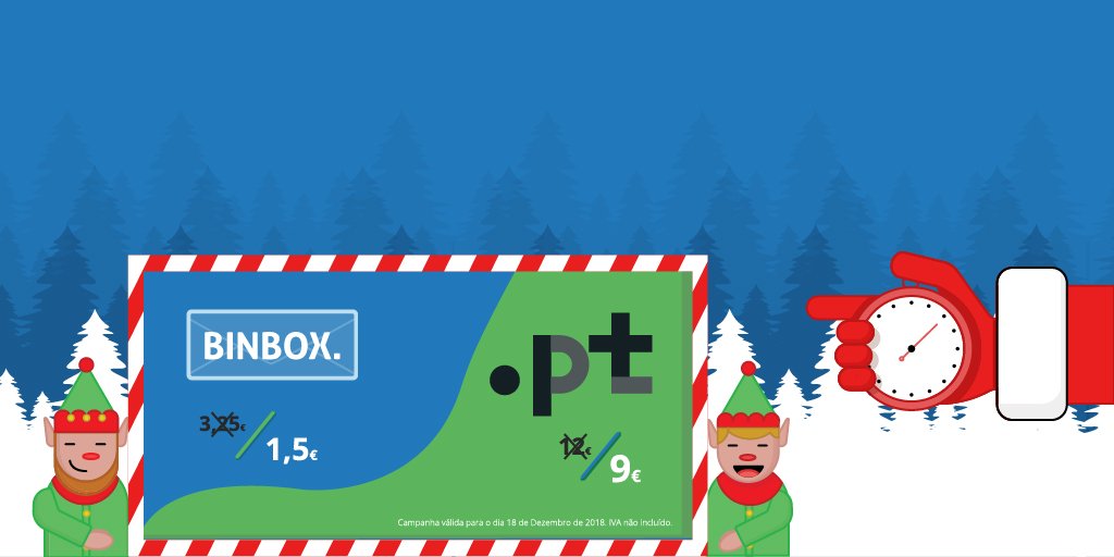 webhs's tweet photo. 🎁 Continuamos a distribuir presentes... E hoje temos para si:

Domínio .PT🇵🇹 por apenas 9€* (1º ano) Utilize o código PTNATAL18

📧BINBOX | Caixa de email por apenas 1,50€* (valor recorrente)

Visite já o nosso site ▶️ https://t.co/8HuZbMWqKN
*Valores não incluem IVA https://t.co/1by1bniGra