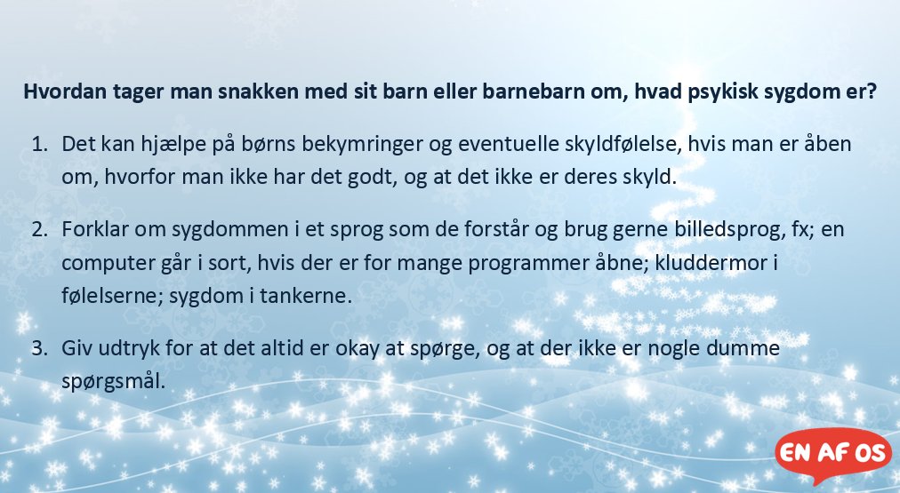 Bag låge nr. 17 har vores følgere givet deres input til, hvordan kan man forklare sit barn eller barnebarn om, hvad psykisk sygdom er.
Du kan også finde bogen Viggo og Walthers Verden, der fortæller i børnehøjde om hvad psykisk sygdom er, her: buff.ly/2PI7C81