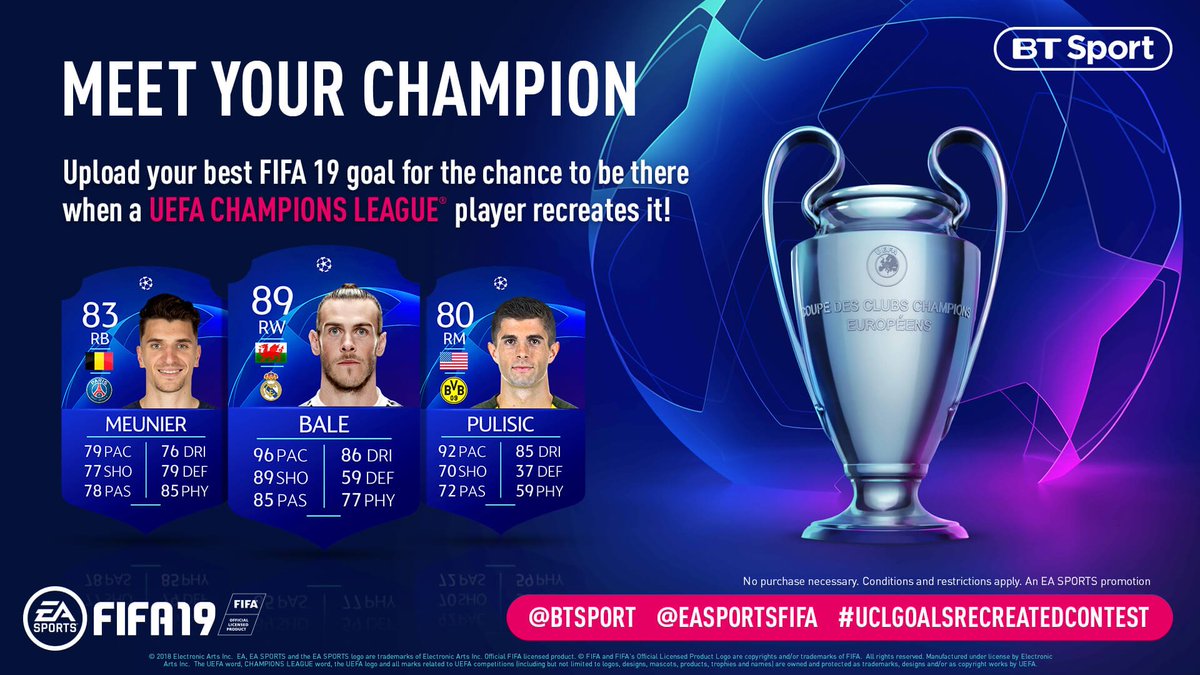 Want to see @GarethBale11, @cpulisic_10 or @ThomMills recreate your best #FIFA19 goal in real life? Here's your chance!
Full info 👉 http://x.ea.com/52186 @btsport #UCLGoalsRecreatedContest