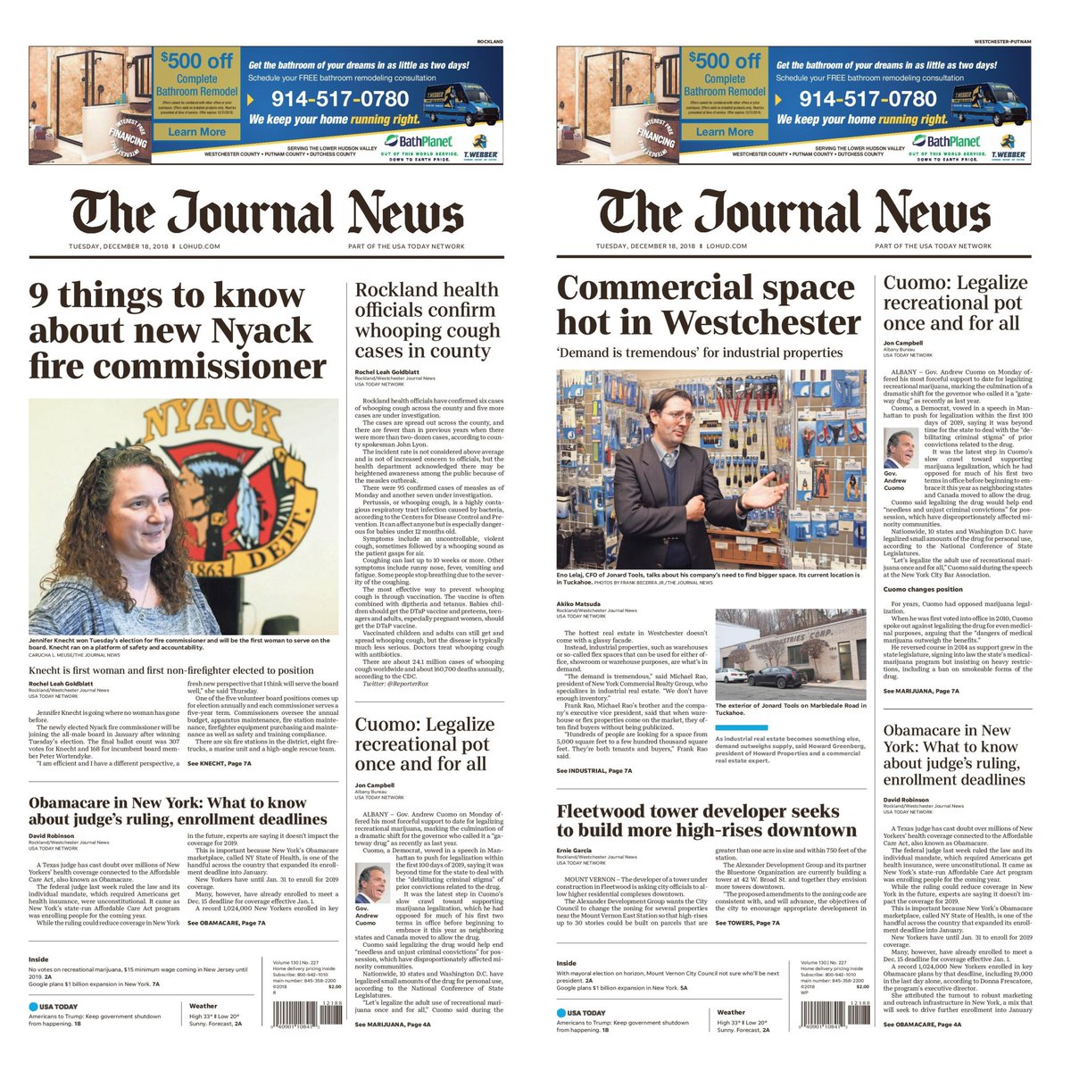 Today's Journal News front pages for Rockland and WestchesterPutnam