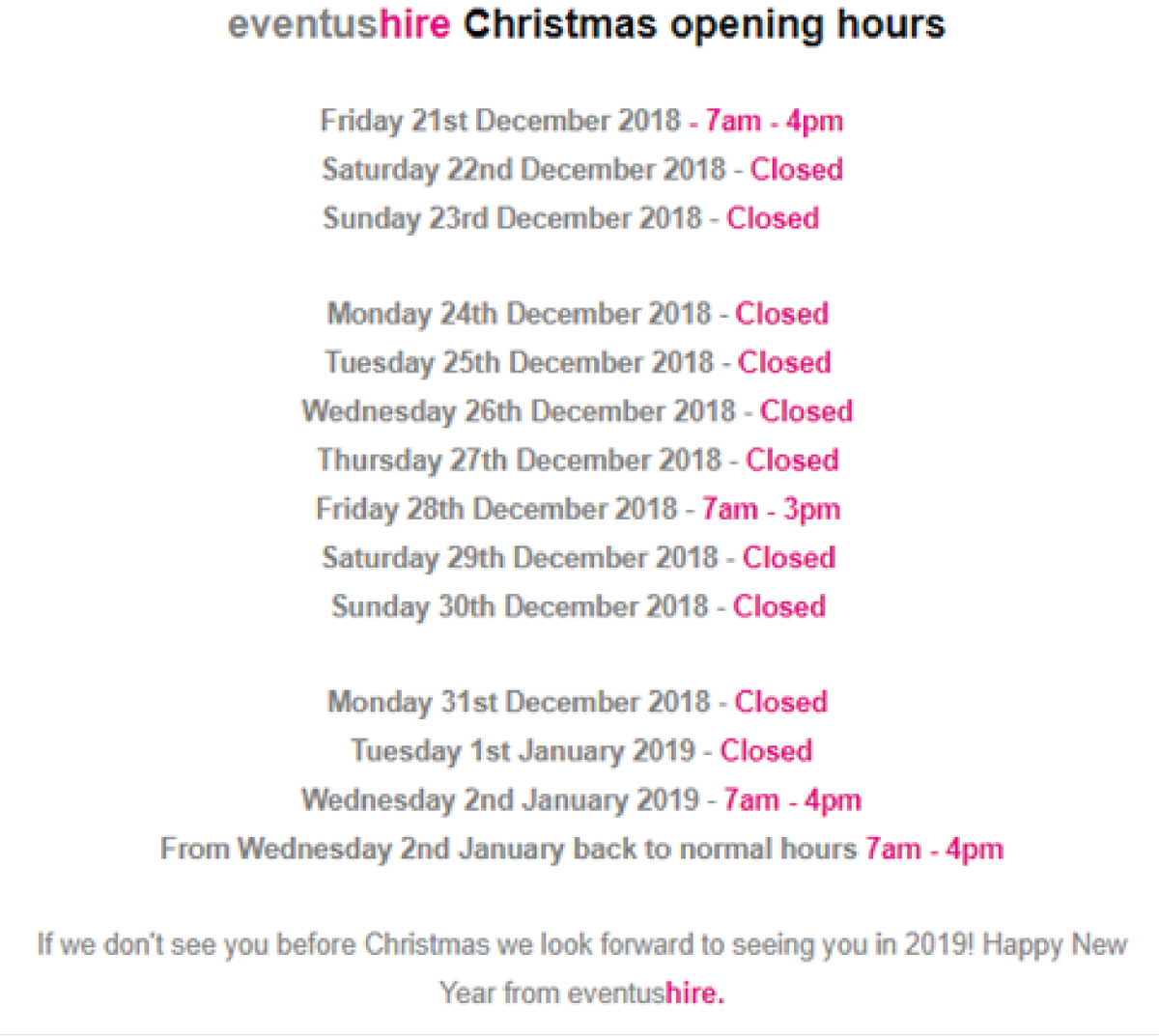 EventusHire's tweet photo. Eventus Hire Christmas Opening Hours. #Christmas #Hire #HireEquipment #HireFurniture #HireCateringEquipment https://t.co/qgOmBBHpmK