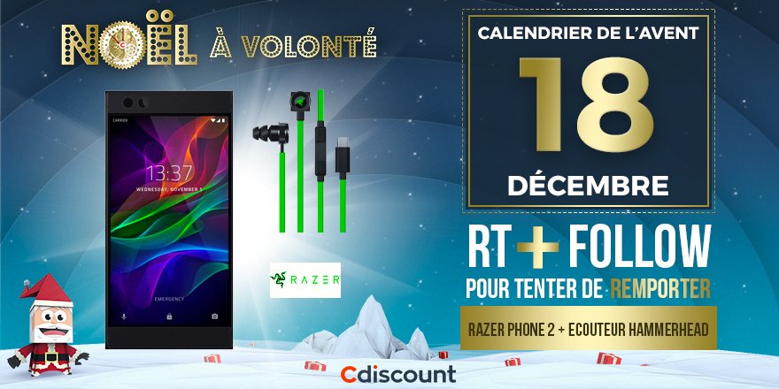 Cdiscount's tweet photo. 🎁 JOUR 18

👌 À gagner pour le #CalendrierDeLAventCdiscount : 1 Razerphone 2 + écouteur hammerhead

👉 https://t.co/RHga97474G

🔸 Pour tenter votre chance : 
RT ce tweet + Follow @Cdiscount 

☑️ TAS 24/12 https://t.co/MGpE1PaMaY