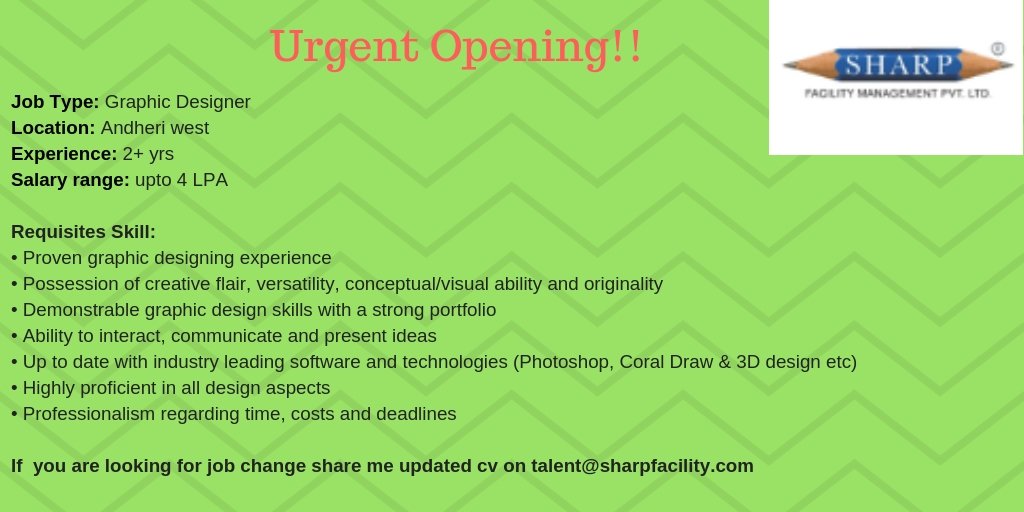 SharpGroup1's tweet photo. Excellent Requirement for Graphic designer.
If you are looking for job change share me updated CV on talent@sharpfacility.com
#graphicdesignerrequirment #graphicdesignerpost #sharpfacilitymanagement #sharpgroup #recruitment #joboffer #jobsinandheri #jobsinmumbai #jobs https://t.co/0q4iEgmXxx