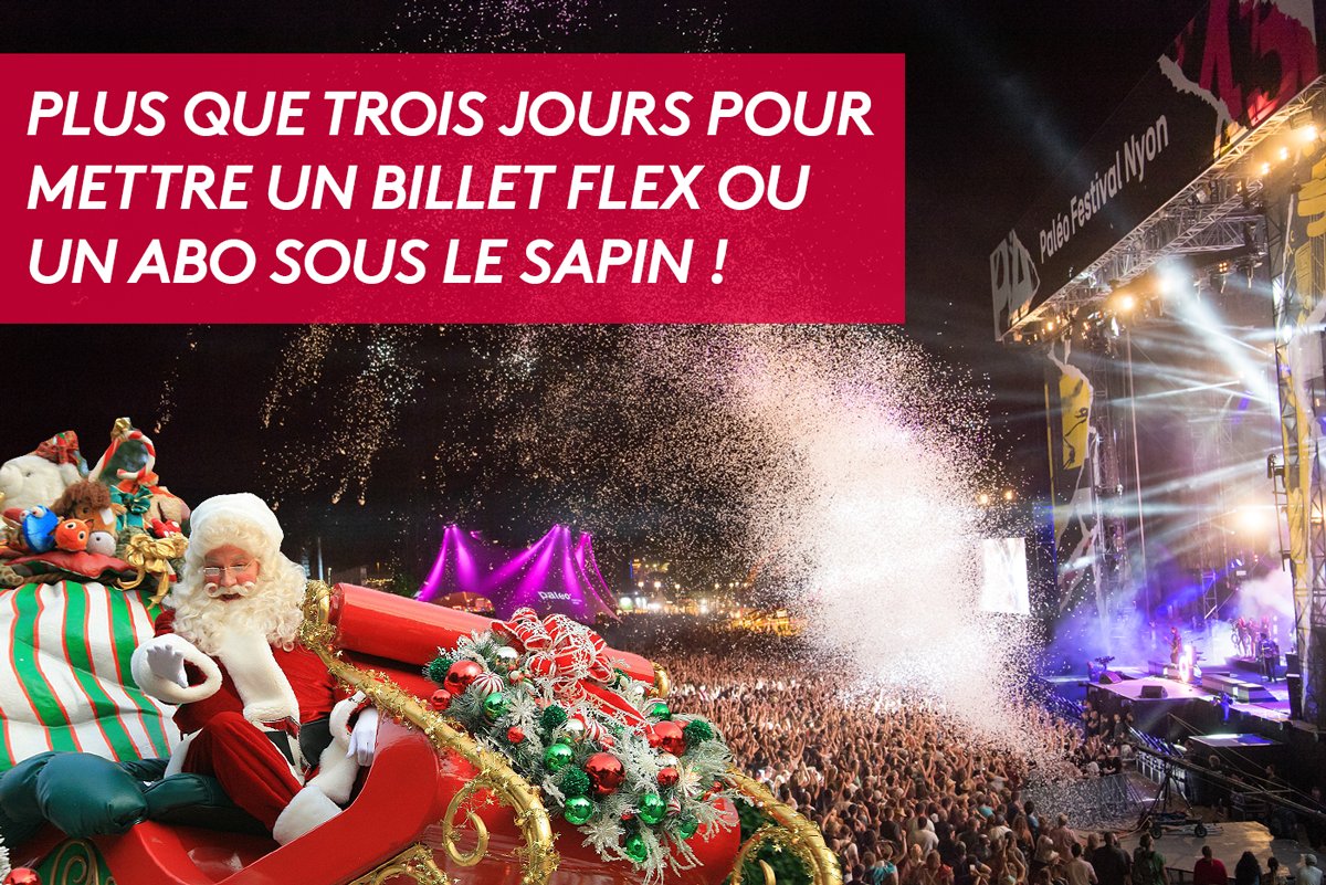 PaleoFestival's tweet photo. C'est l'été sous le sapin! Plus que quelques jours pour acquérir un abo ou un billet flex pour l'édition 2019!
Par ici: https://t.co/k99XBtjYOS #paleo2019 #paleofestival #billetterie #offreNoel https://t.co/JDj5y748Ek