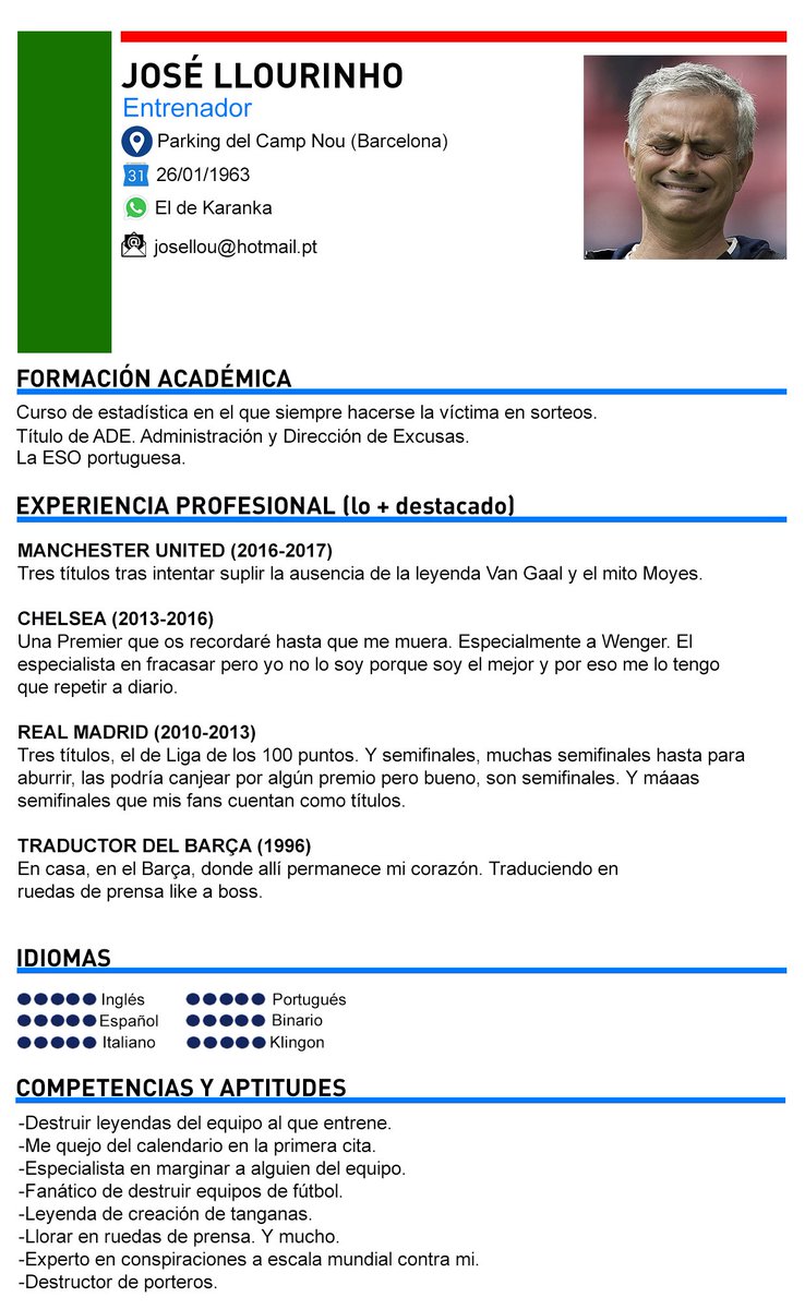 Llourinho's tweet photo. Me he quedado sin trabajo. Aquí dejo mi curriculum por si me podéis ayudar. https://t.co/w1CExnWyLz