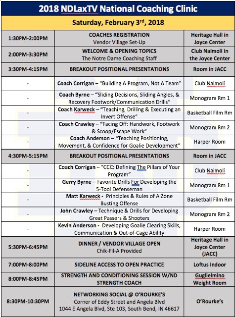 NDlacrosse's tweet photo. 5 Weeks until #NDLaxTV19, our annual Under Armour National Coaching Clinic.

Check out schedule from 2018 below to see the variety of topics &amp; more.

Event is January 26-27, 2019 includes free sideline access to ND vs. Air Force exhibition

More info at https://t.co/uAz4rF3D0E https://t.co/w6hrAoA8Hb
