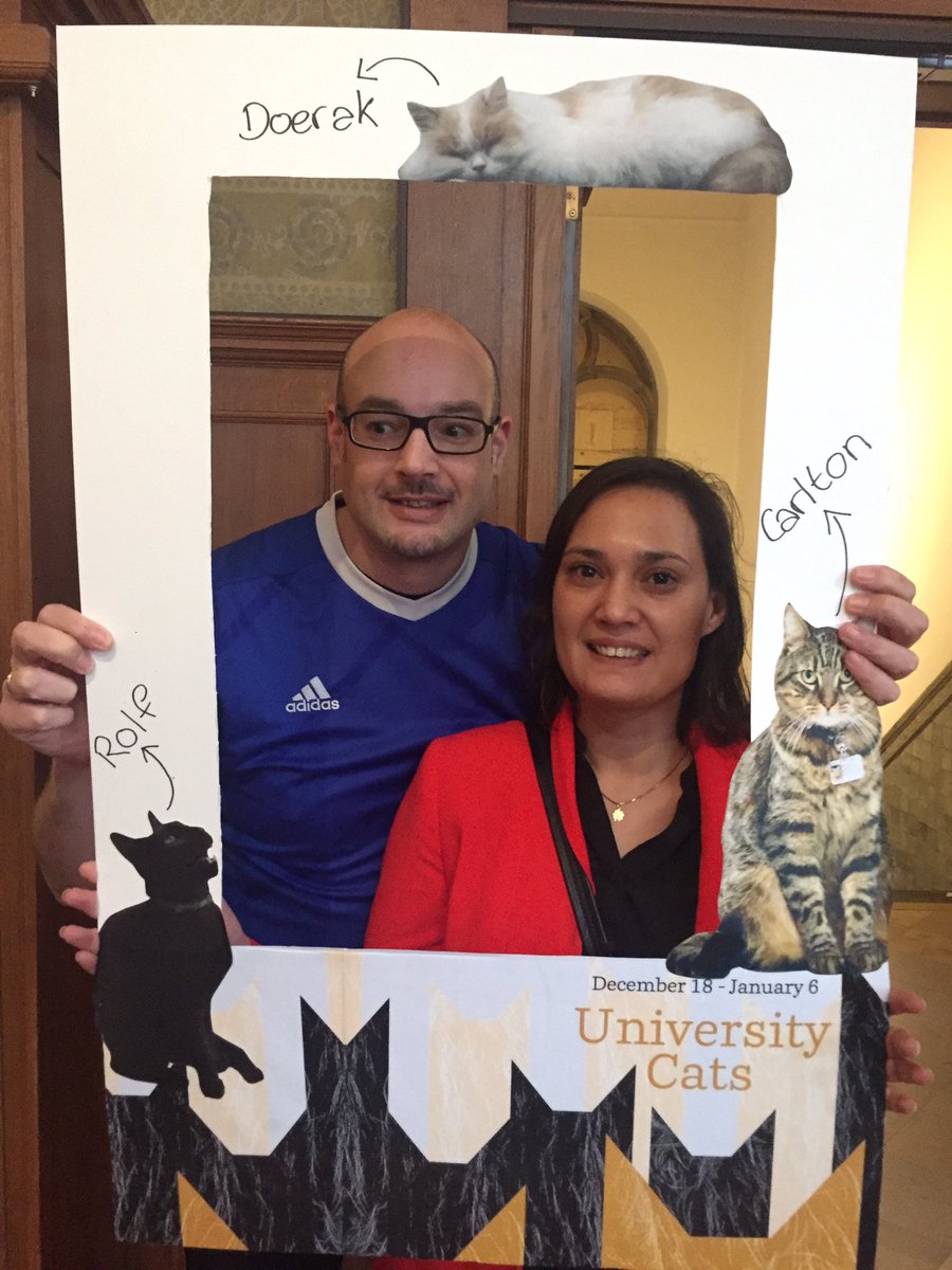 univgroningen's tweet photo. We’re gathered in the @univmuseum for the official opening of the University Cats exhibition! Director @afbdijkstra ofcourse invited the owners of Doerak :) #universitycat https://t.co/4HDVX8zGnU