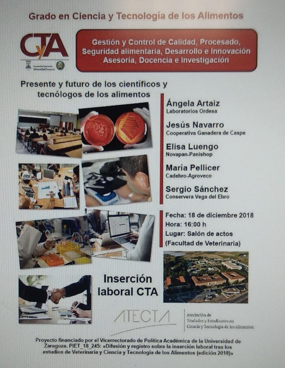 Esta tarde tendrá lugar la charla de salidas profesionales en Ciencia y Tecnología de los Alimentos. Con la presencia de varios exalumnos del grado. Os esperamos a las 16:00h en el salón de actos de la Facultad de Veterinaria.