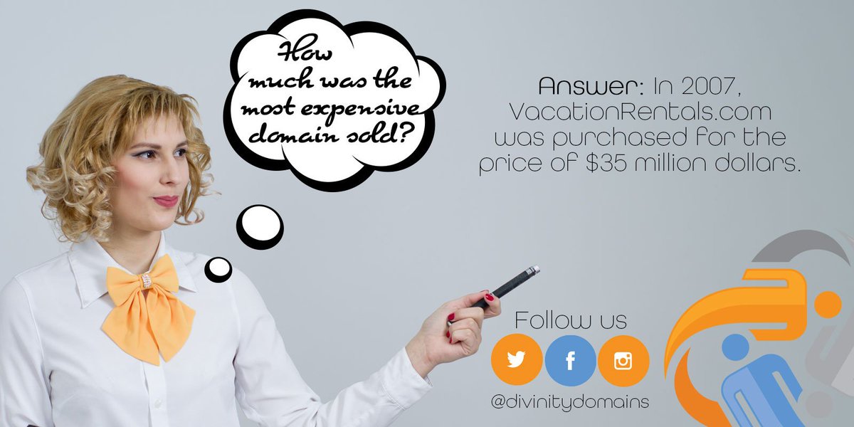 DivinityDomains's tweet image. #TriviaTuesday Our domains are as lows as $8.99, but did you know the most expensive domain sold was VacationRentals.com for $35 Million dollars?🙀 #decemberdomains #divinityrocks