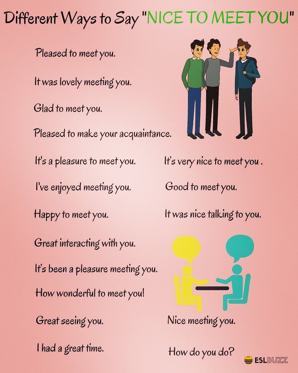 TryEnglishApp's tweet photo. 17 ways to say - Nice to meet you 😊😊
#eslcoin #tryenglish #LearnEnglish #ESL #blockchaintechnology #teaching https://t.co/tbQ7M81p2i