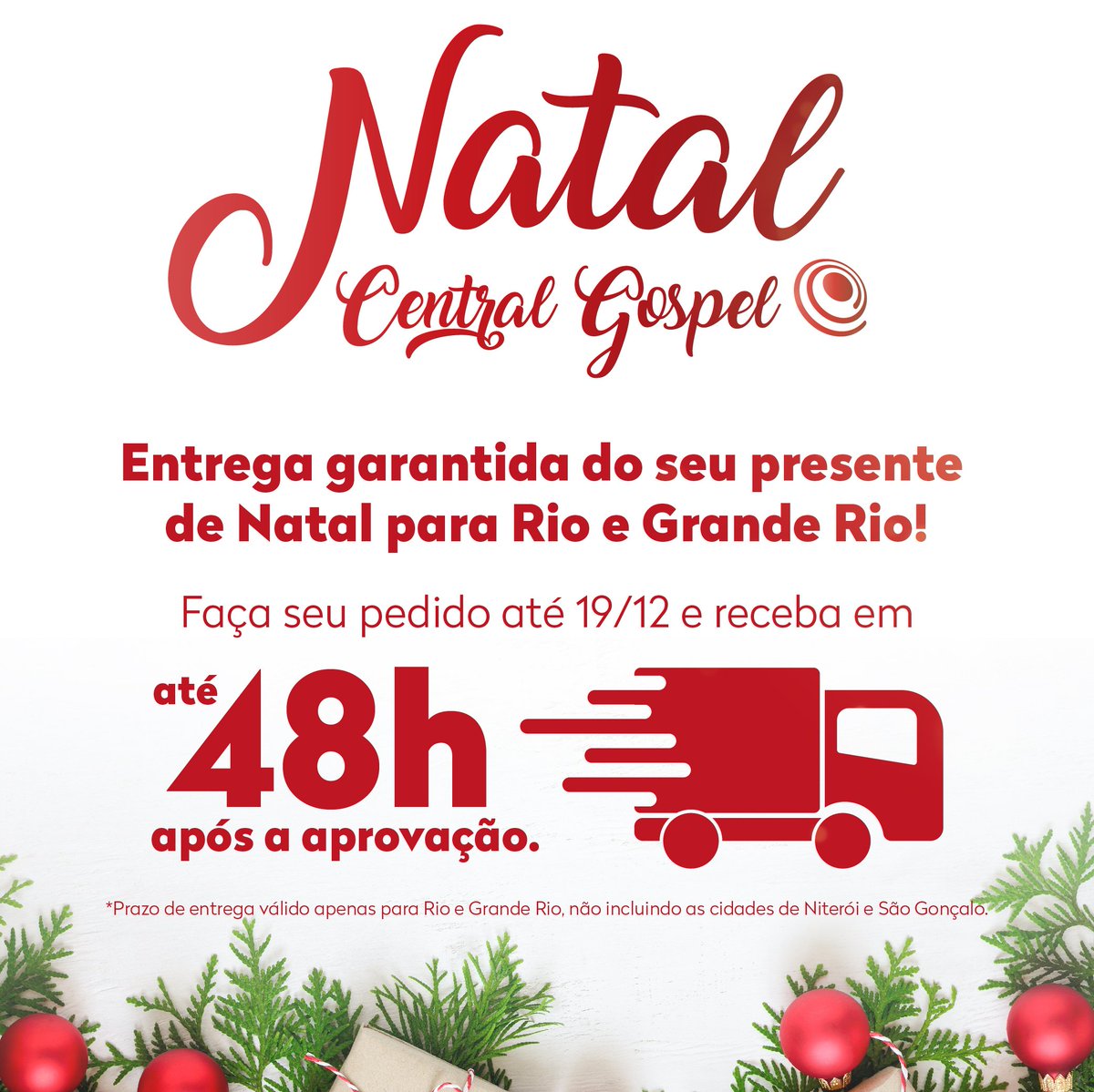 edcentralgospel's tweet photo. Já pensou ter o presente de Natal nas suas mãos em apenas 48h? Na Central Gospel isso é possível! Até o dia 19 de dezembro as entregas para Rio e Grande Rio serão de 48h após a aprovação do seu pedido.
#NatalCG #EntregaExpressa https://t.co/pSCfr9JYuI