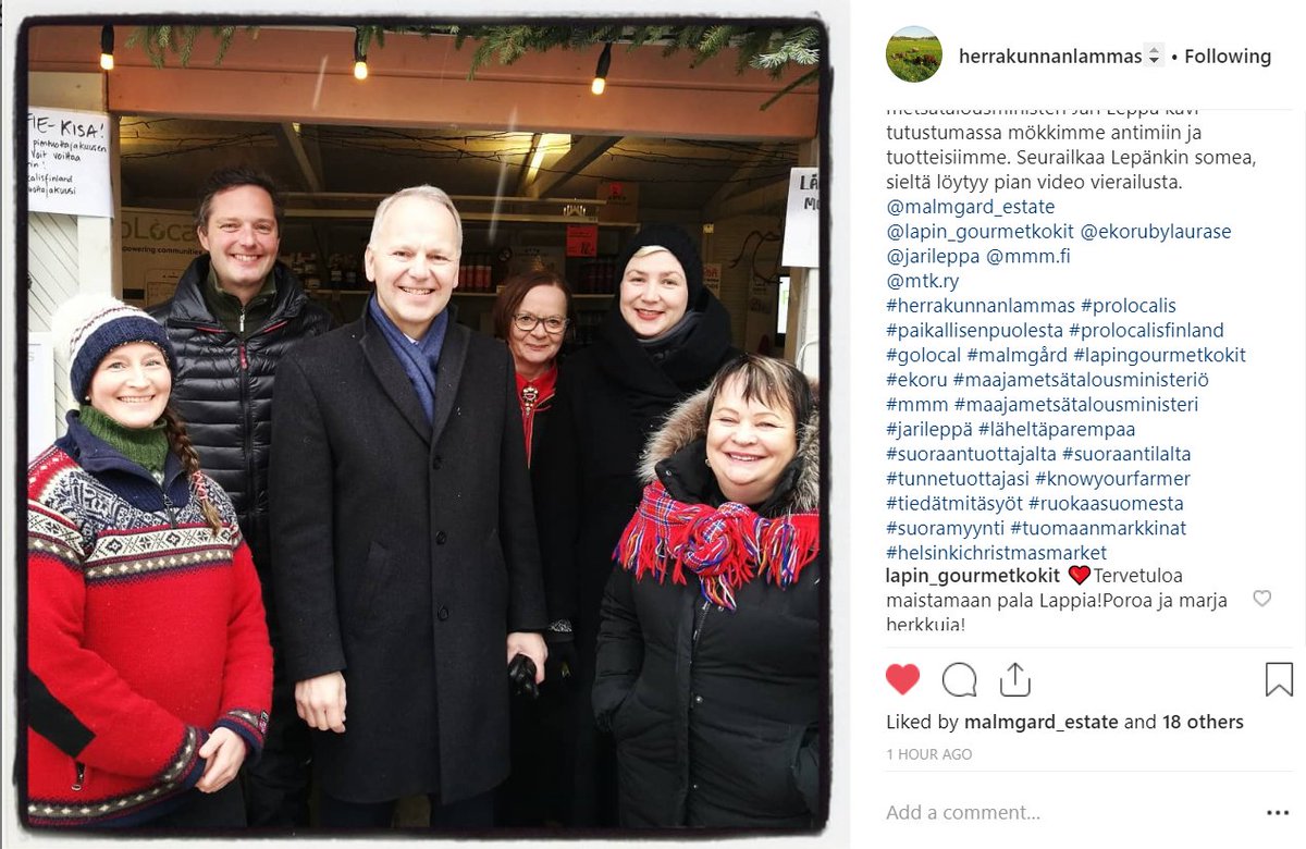 #repost @herrakunnanlammas
<a href="/mmm_fi/">MMM</a> Maa- ja Metsätalousministeri <a href="/JariLeppa/">Jari Leppä</a> Vieraili <a href="/ProLocalis/">Prolocalis</a> pientuottajatuvalla <a href="/TMarkkinat/">Tuomaan Markkinat</a>.2 paikalla olleista tuottajistamme matkalla Berliiniin <a href="/gruenewoche/">Grüne Woche</a> -messuille tammikuussa! #mtk #ruokaasuomesta #golocal
instagram.com/p/BrhpTWyBqtG/