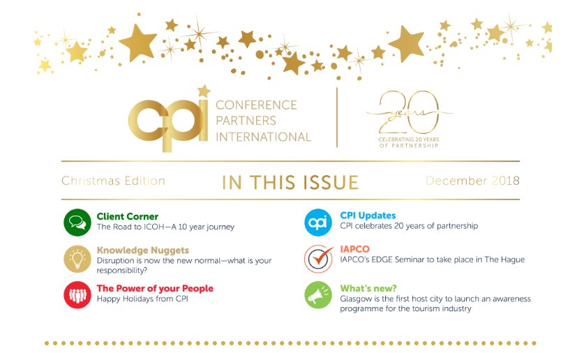 ConferencePart's tweet photo. Our latest E-zine is out. We've some great content including @iapco EDGE, CPI 20th &amp; GCMB's @peoplemakeGLA programme. Happy Holidays &amp; Happy Reading https://t.co/H4cWlQB7op #cpipartnership #cpipeople https://t.co/VcIvogWvQj