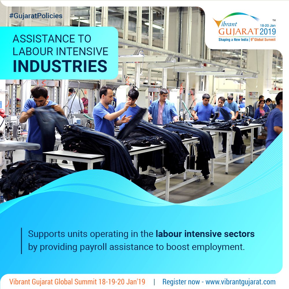 Under New Industrial Policy 2015, 'Scheme for Assistance for Labour Intensive Industries’ is one of the focal points for the overall development of Gujarat. Know more about the benefits offered under the policy here - bit.ly/2EzZBkL #VibrantGujarat 2019 #GujaratPolicies
