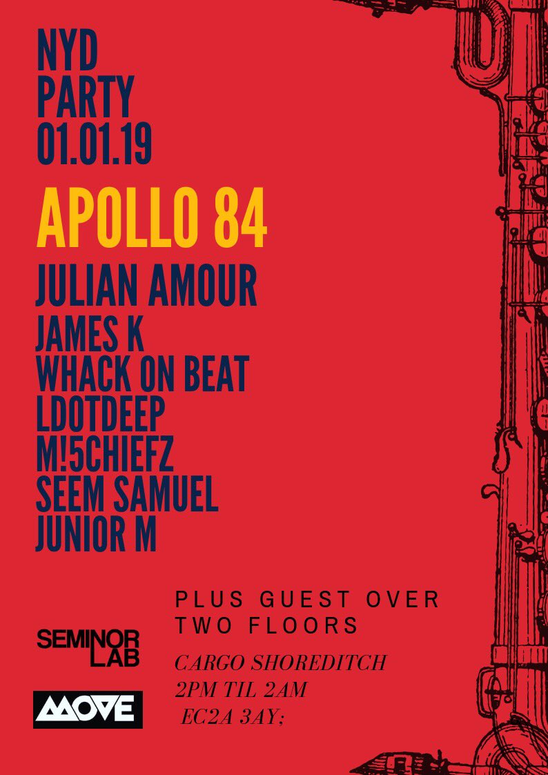 Really excited for this on New Years Day!
A daytime party at <a href="/Cargo_LDN/">Cargo</a> for the gang who wanna start 2019 with a bang!
Headlining <a href="/apollo84music/">Apollo 84</a> and Seminor Lab spread across 2 rooms, it’s not gonna be anything less 😂