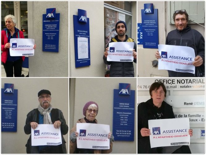 Campagnebds's tweet image. Dans le cadre de la semaine de mobilisation nationale de la Campagne BDS France contre @AXA, les militant·e·s de Grenoble ont mené jeudi dernier une action au centre-ville et rendu visite aux 37 agences de l’Isère bit.ly/2SasW8f #AXAComplicity #EmbargoContreIsraël