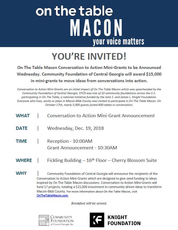 CFCGA's tweet photo. On The Table Macon #ConversationtoAction Mini-Grants to be Announced Wednesday to move ideas from conversations at #OnTheTableMacon into action @knightmacon @13wmaznews @WGXAnews @thecreekfm @maconbibbuda @MaconGaSoul @newtownmacon @macon_chamber @MBCIAuthority @altillman9 @41NBC https://t.co/OzEUQQT53f