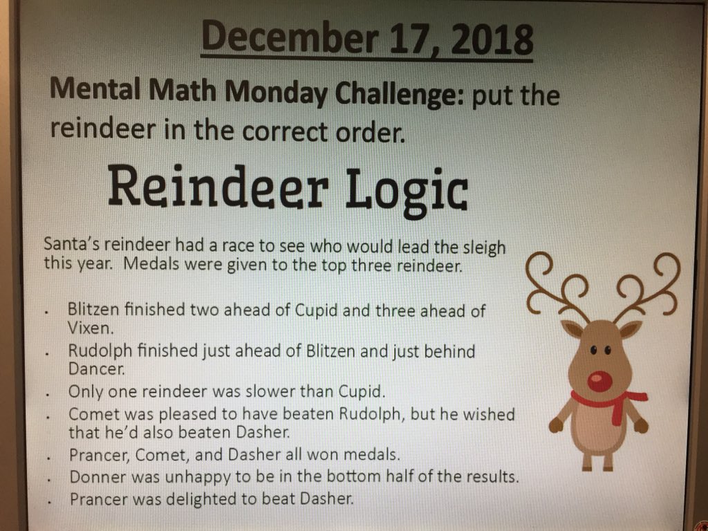 mrsbistro's tweet image. Getting into the Christmas spirit with a new #puzzletable puzzle and a reindeer logic warmup, both from @mathequalslove. The warmup lead to some great whole class collaboration and almost started a #mathfight. Awesome! #iteachmath #MTBoS