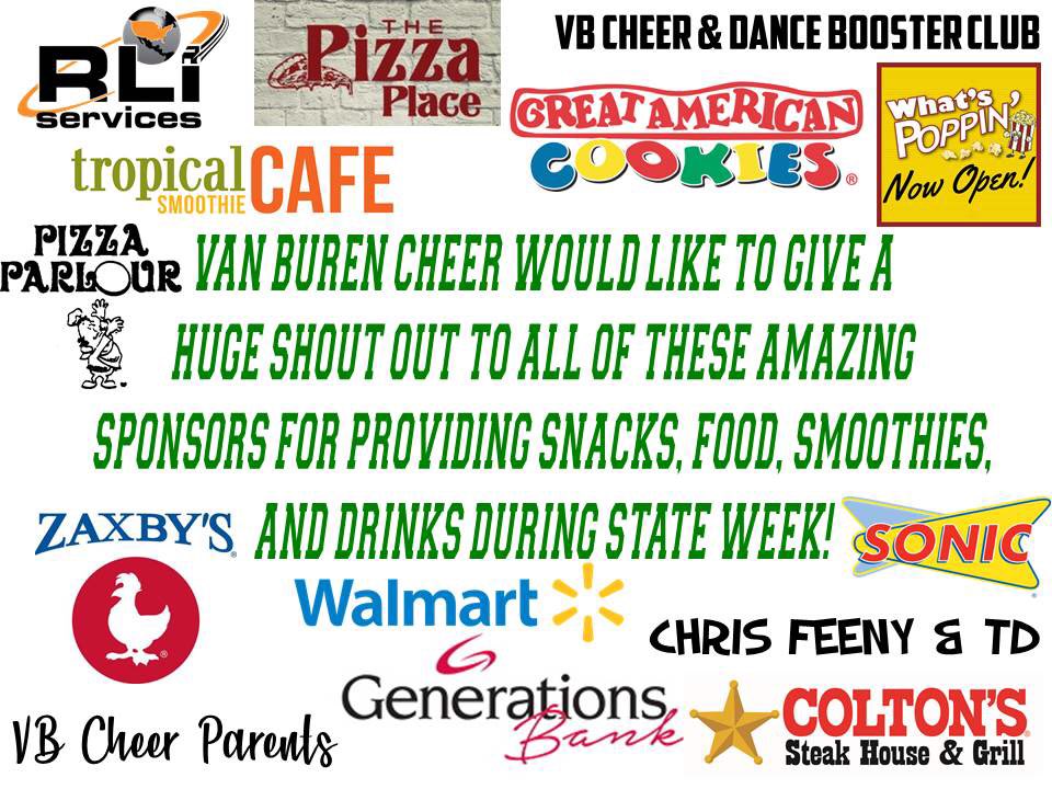 PointerCheer's tweet image. HUGE shout out to these amazing sponsors for making sure we were fed and taken care of during State Week! Thank you SO MUCH for your support! #VBHSCheer 🐶💚