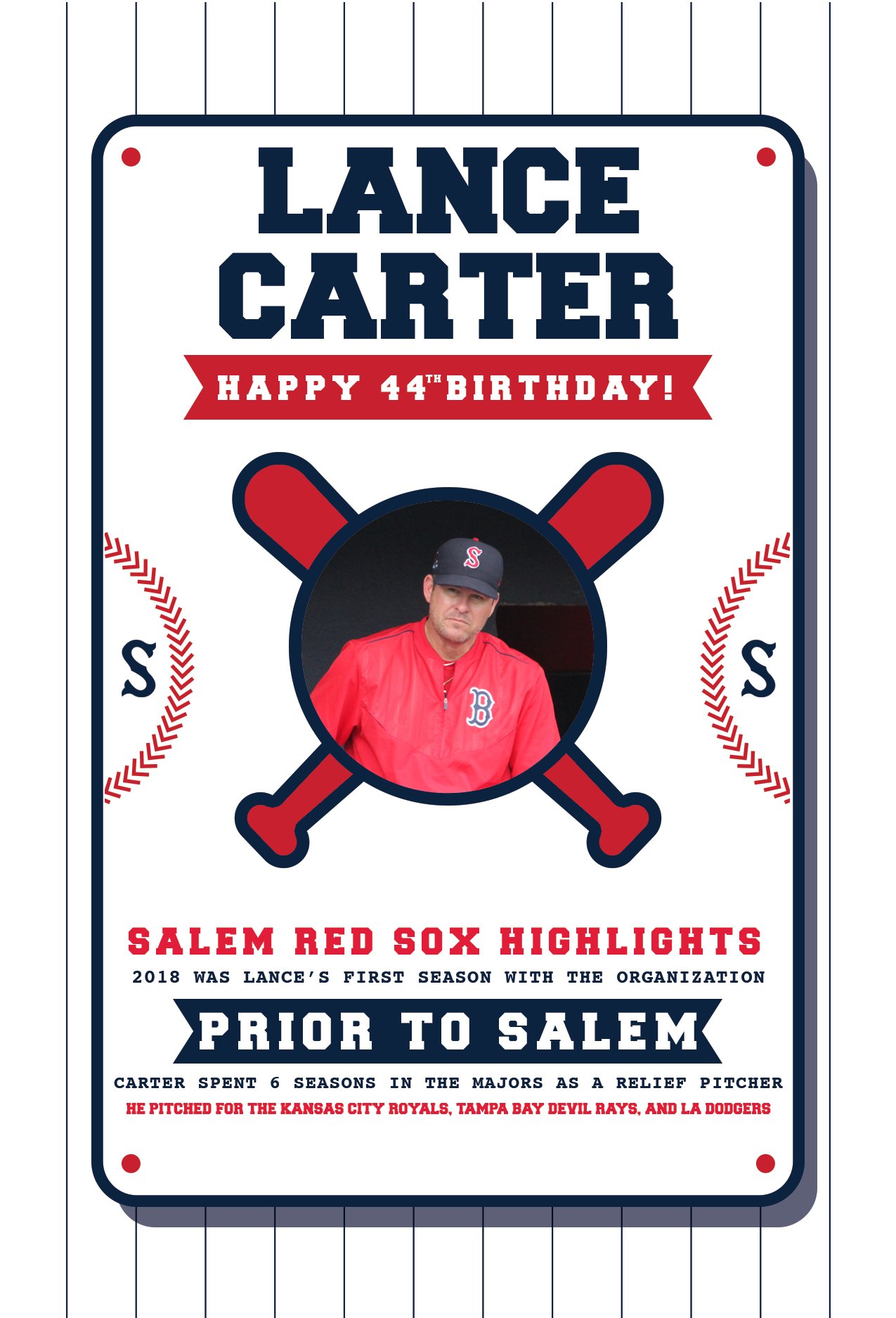 Happy 44th birthday to Salem Red Sox pitching coach, Lance Carter!  