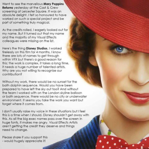 VFXSoldier's tweet image. #VFX artists who worked on Mary Poppins Returns didn’t get a credit and have sent the following message to Disney. Other crafts are usually guaranteed a credit as it is a part of their union agreement.