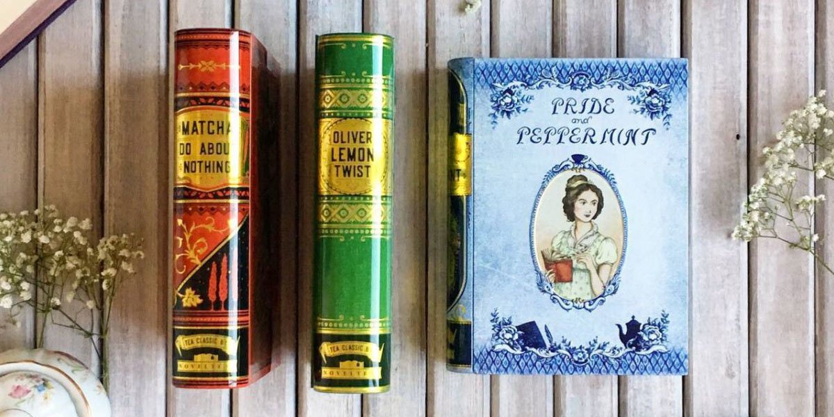 Tea tins for loose leaf tea in the form of punny British book covers