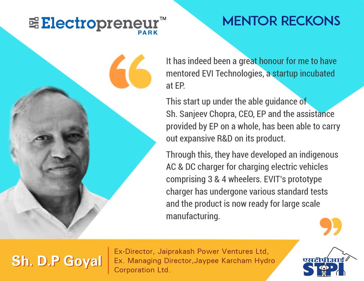 stpiindia's tweet photo. Mentoring is neither coaching nor consultancy.Yet its impact on both the mentee & his business is powerful.
D.P Goyal,Mentor at #EP shares his experience with mentoring EVI Technology.#KnowEP #KnowEPmentors #STPIINDIA #KnowMoreAboutSTPI #ElectroprenurePark #StartupIndia #Startups https://t.co/qBWmYXNL9o