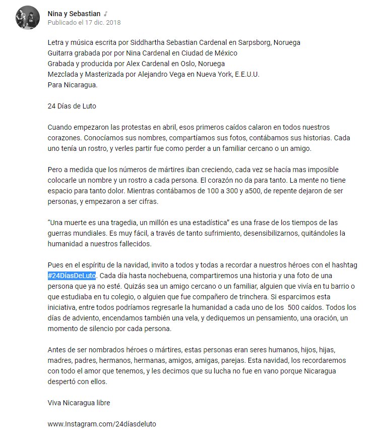 #SOSNICARAGUA Gracias <a href="/ninaysebastian/">Nina y Sebastian</a>  por esa bella canción y ese bello mensaje que adjunto en la imagen. Porque no hay nada que celebrar. youtube.com/watch?v=wjzSVP…