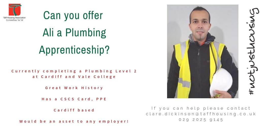 CALL FOR HELP! I am currently working with an amazing Tenant who is looking for a plumbing apprenticeship.Ali is one of the hardest working guys I've ever met!🌟 He is already at <a href="/CAVC/">Cardiff and Vale College | Coleg Caerdydd a’r Fro</a> but is struggling to get an employer due to being 30+
Please RT so we can find him an employer!