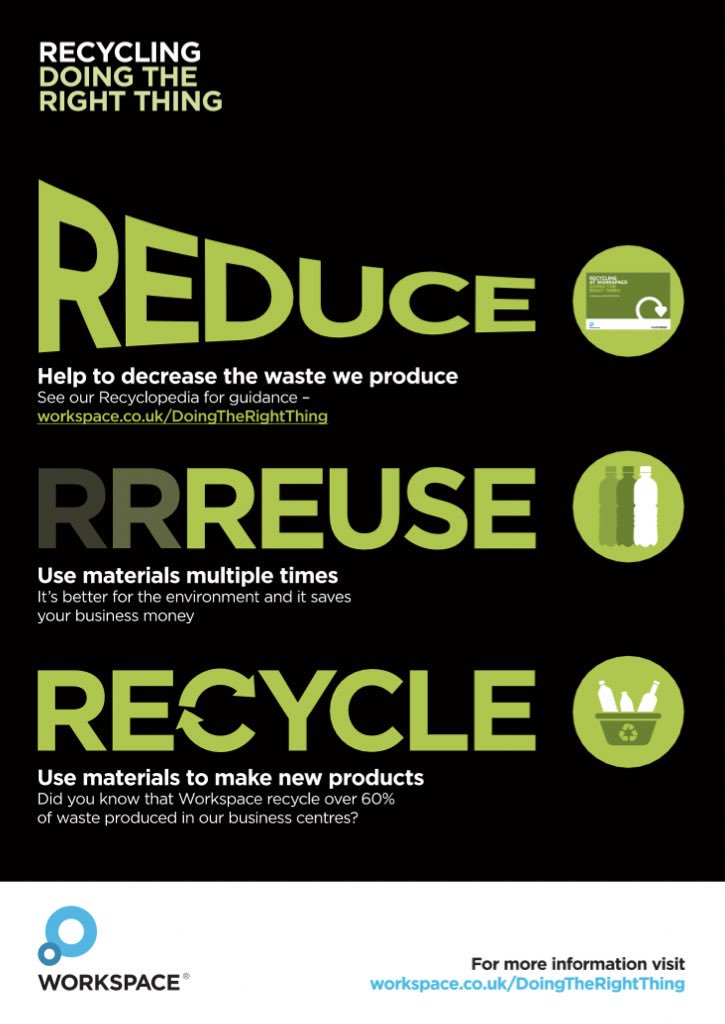 WSRecordHall's tweet photo. REDUCE. REUSE. RECYCLE. ♻️ See our Workspace values regarding staying green! #Recycle #DoingTheRightThing https://t.co/pBYZpK8DSo