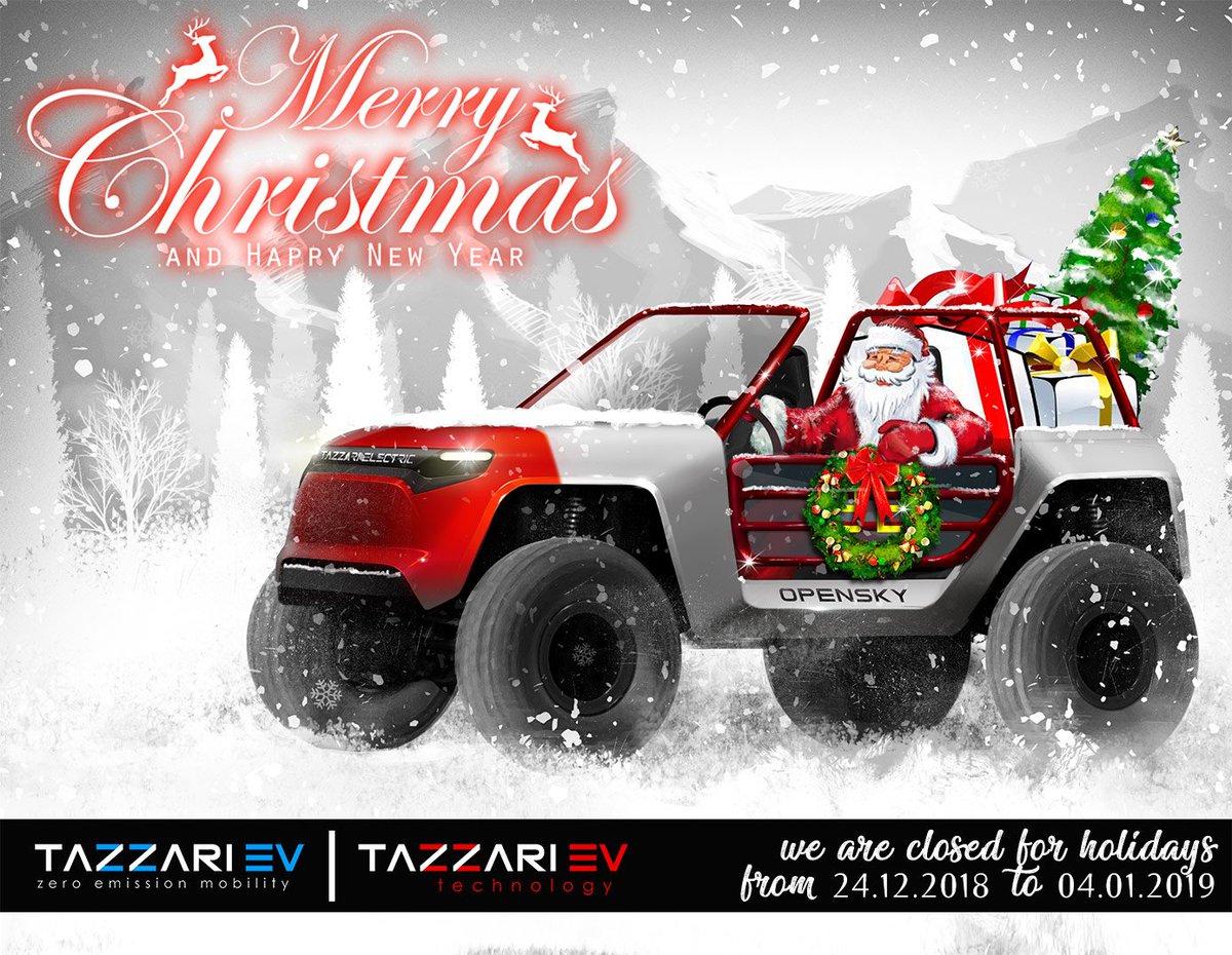 TazzariEV's tweet photo. Merry Christmas and Happy New Year from Tazzari EV!

#TazzariEV #Christmas #MerryChristmas #Tazzari #ZeroEmission #NewYearsEve #Holidays #ElectricCar #EV #MadeInItaly #Imola #Citycar  #Christmas2018 #NewYear2018 #NewYearsEve2018 #ZeroOpensky  #Opensky #Motorvalley https://t.co/0it848k43f