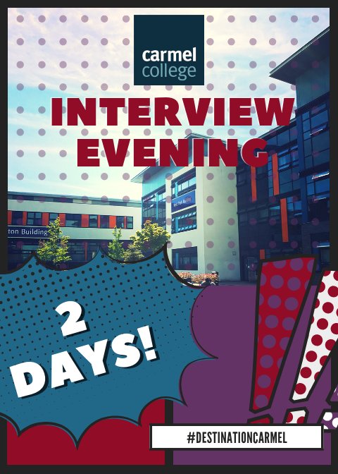 CarmelCollege's tweet photo. We have our second #InterviewEvening of 2️⃣0️⃣1️⃣9️⃣ just around the corner, if you haven't #booked your place make sure you #apply online and follow the link sent to your #email to book your time! 😁👍
#DestinationCarmel #ApplyFor2019 #InspiringMinds #ShapingFutures https://t.co/7O964bSScm