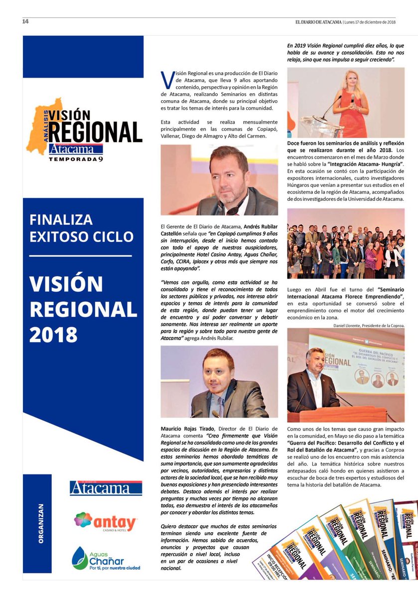 VisionCopiapo's tweet photo. Resumen de los 12 Seminarios efectuados en el 2018, temáticas de educación, historia, economía, turismo, seguridad, energía y emprendimiento. Gracias a todos los que nos apoyaron en este año @AntayCopiapo @aguaschanar @danielllorente @afrubilar @CorfoAtacama https://t.co/ecl26Mz8fs