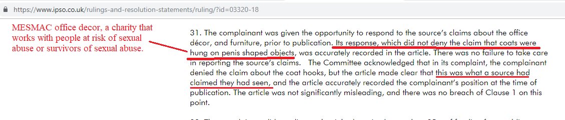 The supposed office décor at MESMAC – alleged penis coat hangers – maybe should have raised concerns rather than just eyebrows? Here it is described in the IPSO ruling.