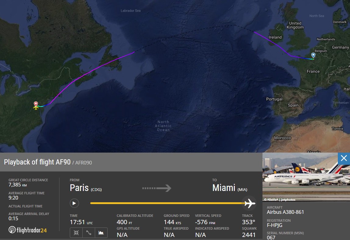 AirportWebcams's tweet photo. INCIDENT: Air France #AF90 Paris CDG to Miami (Airbus A380 F-HPJG) diverted to Washington Dulles at 1250EST (1750UTC) yesterday with a medical emergency on board. https://t.co/K5ulb1C4l8