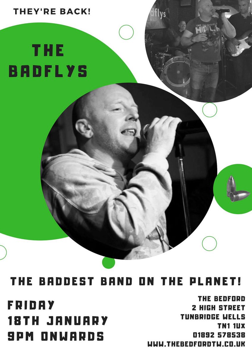 The Baddest Band on the Planet 🌎 return to the home of Live Music <a href="/TheBedfordTW/">The Bedford Pub</a> in Tunbridge Wells to kick off 2019 in true Badfly tradition.
See you all there!
We can be booked @:
bulletpromotions.org 
#Badflys #Bedord #LiveMusic #TunbridgeWells #BulletPromotions #BBOTP🌎