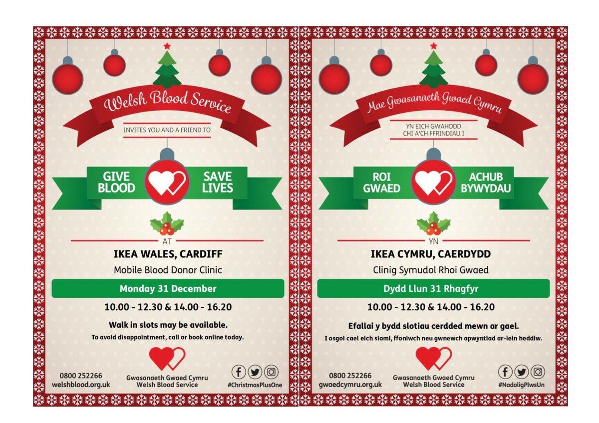 Save some lives this #Christmas - #GiveBlood! <a href="/WelshBlood/">Welsh Blood 🏴󠁧󠁢󠁷󠁬󠁳󠁿</a> are in #Grangetown on Mon 31 Dec at <a href="/IKEAUK/">IKEA UK</a> #Cardiff car park. Every blood donation can save or improve up to 3 lives - please help if you can ❤️