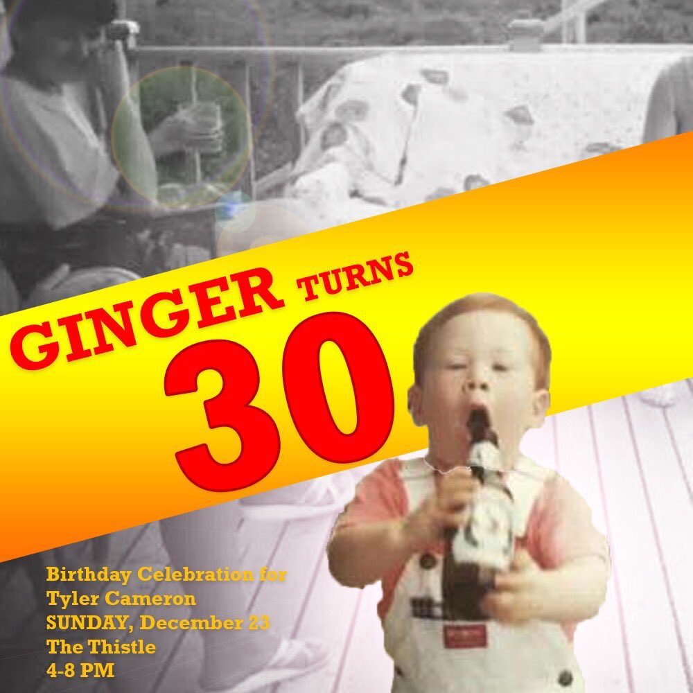 tylercameron's tweet photo. I’m turning 30 and what better way to celebrate the fact I’m old than being surrounded by friends. 

Join me for a drink or two on Sunday December 23rd from 4-8PM at the @ThistleBar in New Glasgow. 

Hope to see you there. https://t.co/NsbBPb0MEs