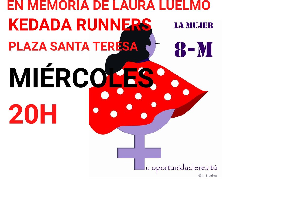 JackieMartin74's tweet photo. Desde la indignación hago un llamamiento a tod@s para homenajear a #lauraluelmo, en la Plaza de Sta Teresa para reinvidicar nuestro derecho a correr, a caminar y a vivir solas y libres .
Ayúdadme a difundirlo!!!!!! https://t.co/1c03YbKkTR