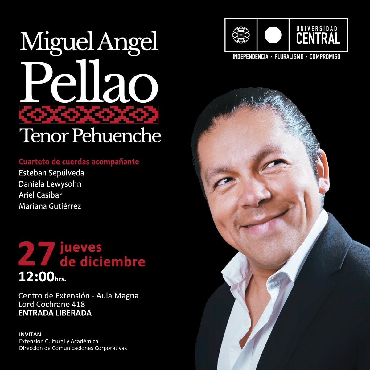 stgocultura's tweet photo. Antesala al lanzamiento “Cancionero Sinfónico Chileno” de el tenor Miguel Ángel Pellao, en el Aula Magna @Ucen. Se presentará junto a un cuarteto de cuerdas conformado por destacados músicos.
Entrada liberada.
Jueves 27 de diciembre a las 12:00 horas https://t.co/6FOoi62Nvs
