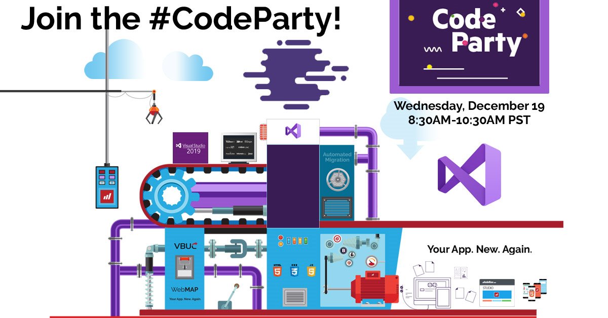 VisualStudio's tweet image. Join the #CodeParty crew and the msft.social/3u8OaD team for a live coding session on Dec 19, 8:30AM-10:30AM PST at msft.social/wASuXw. Learn how to move a desktop app to a Docker container and then to Windows Azure. Lots of cool prizes too!