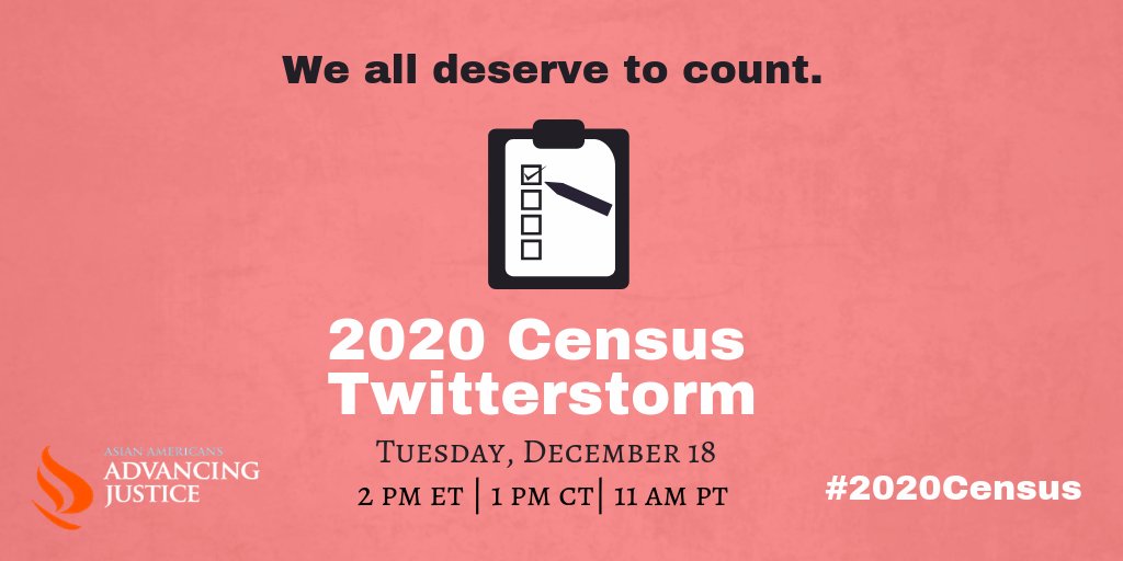 APIAVote's tweet image. We Vote. We Count. Join us this TODAY 2pm ET for a Twitterstorm to tell @USCensusBureau that our communities need an accurate #2020Census, and that includes improved language access. #CompleteCount #AAPI2020 @AAAJ_AAJC