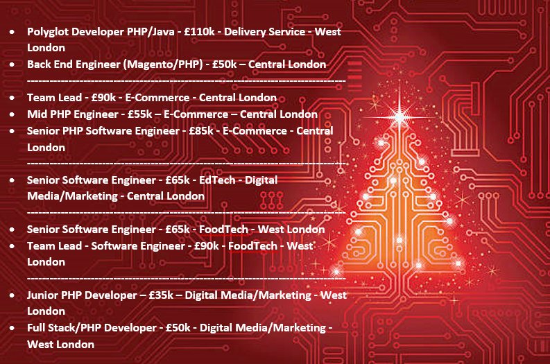 RevTechnology1's tweet image. Merry Christmas PHP Dev&apos;s!

Contact Megan Evans on megan.evans@revolutiontechnology.co.uk if any of these roles could be interesting for you.