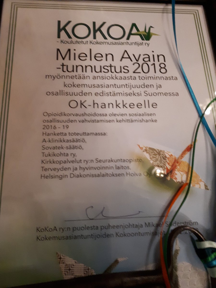 OK_hanke's tweet photo. #osallisuus vahvistuu yhteisellä työllä #okhanke kiittää #kokoary'tä tunnustuksesta. https://t.co/QpzvXZhV8K