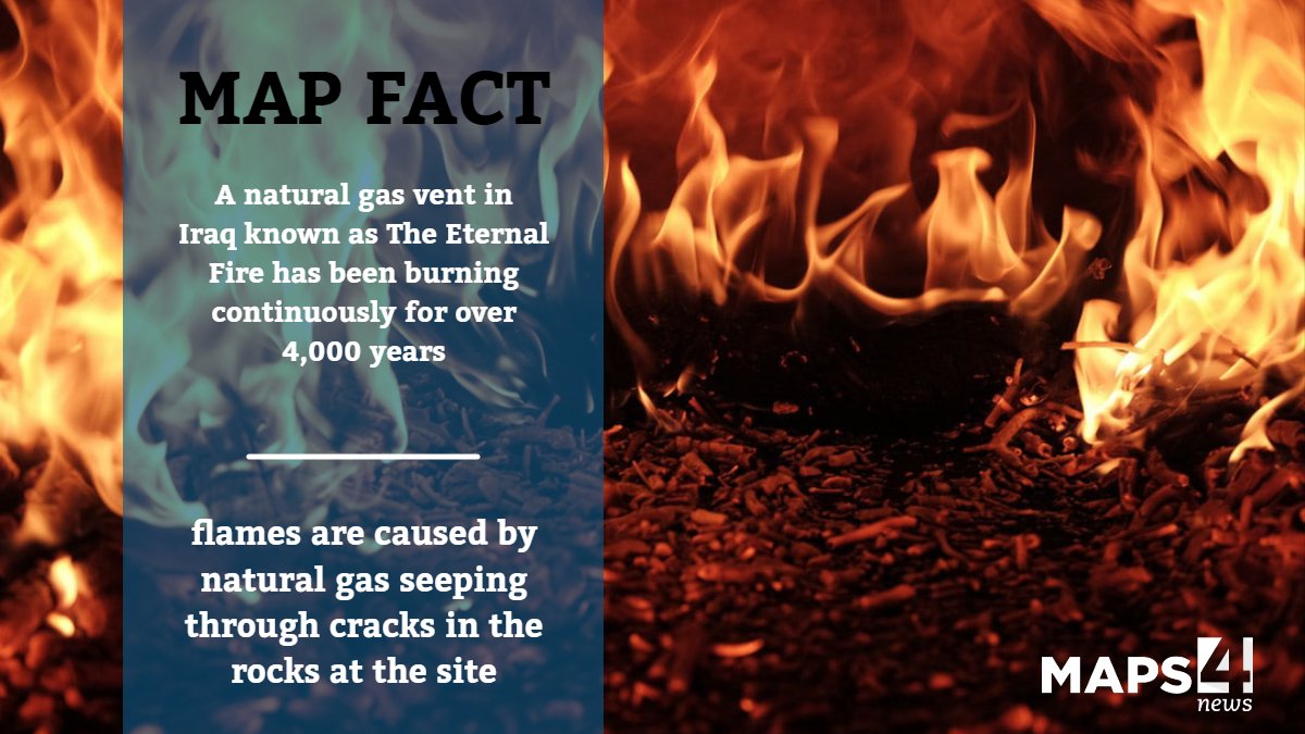 MAPFACT: 

The Eternal Fire is located on a large oil field, measuring in at 40 meters in diameter. It has been mentioned by Herodotus, Plutarch, and in the Old Testament’s Book of Daniel. 

#mapfact #maps #Iraq #Fire
