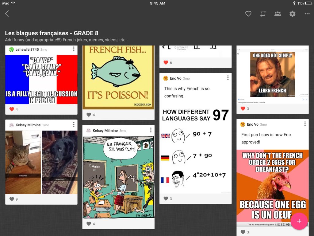 mmestew's tweet photo. Using jokes and memes to expose students to nuance in the French language - check out our Padlets! #hwdsbfsl #corefrench
https://t.co/jH0ptkz8zl
https://t.co/wll6TfGr0f https://t.co/HoWQUhM76w